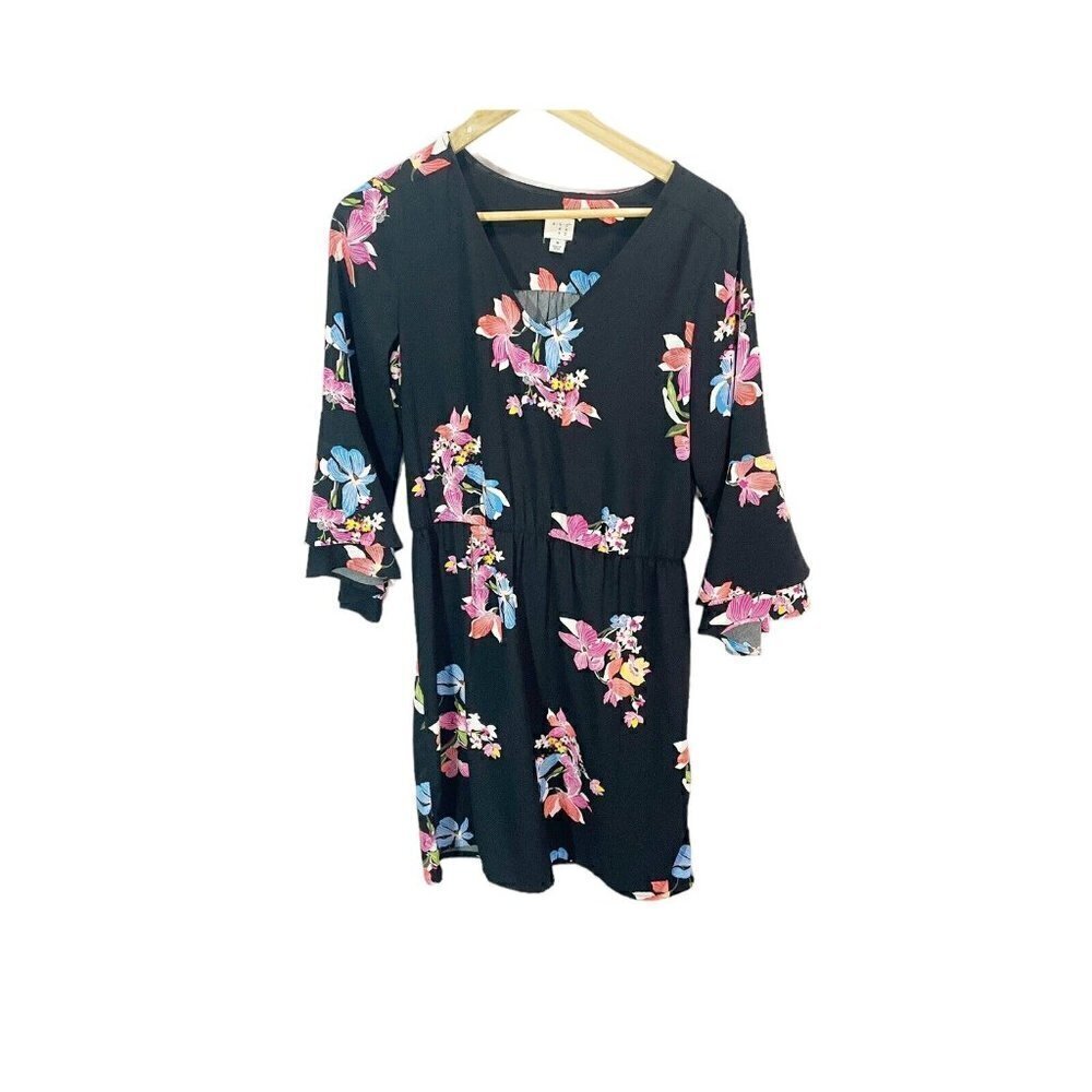 A New Day Women's Dress Black Floral Print Size M Bell Sleeves 70's Style A-line